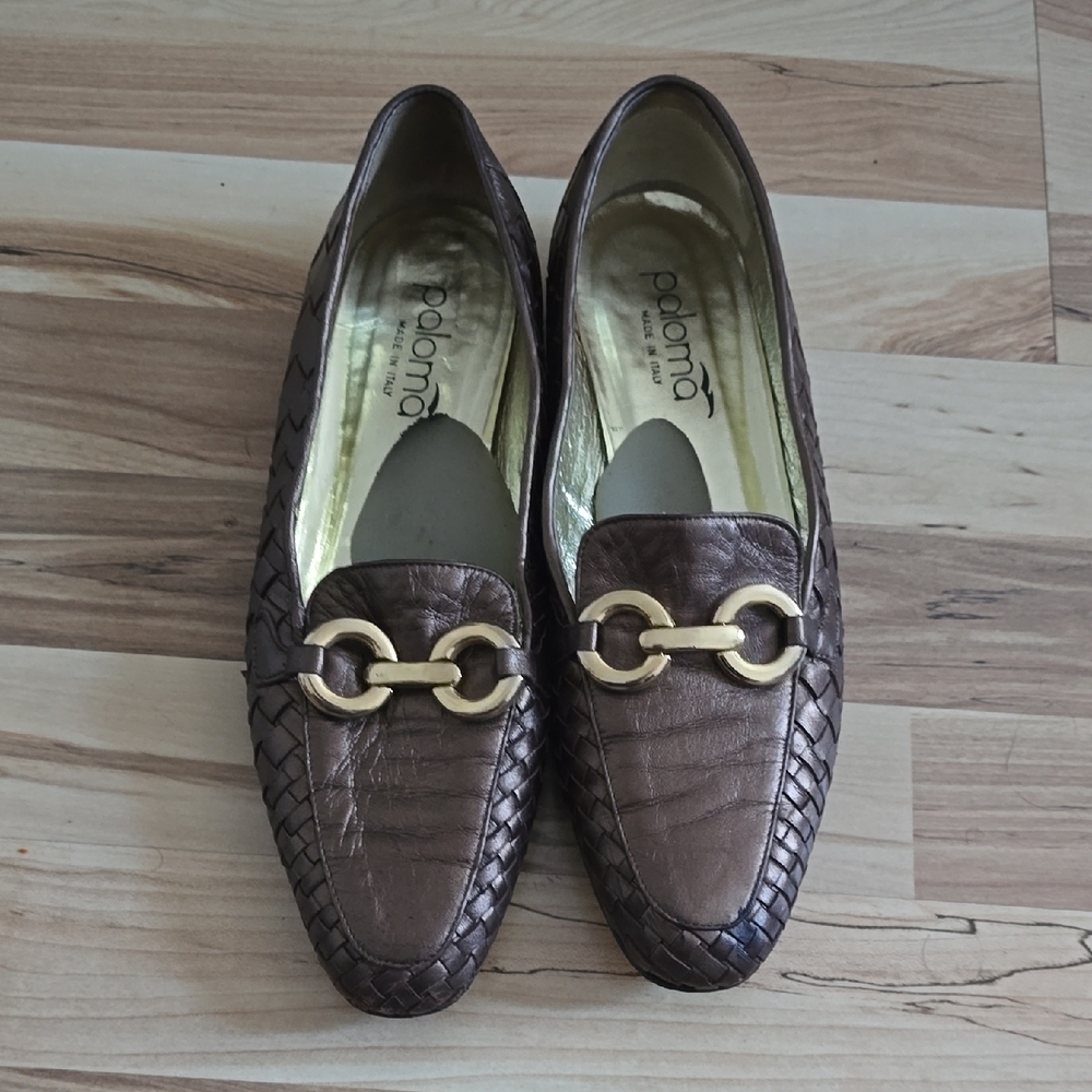 Paloma Italian Leather Loafers Brown Gold Horsebit Women'sSize 9.5 Made in Italy